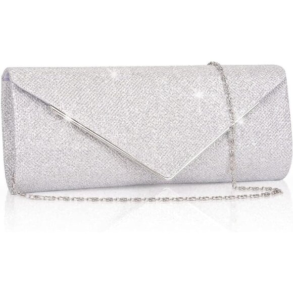 Women's Silver Clutch Purses Sparkling Envelope Evening Bag Detachable Chain - Picture 2 of 8